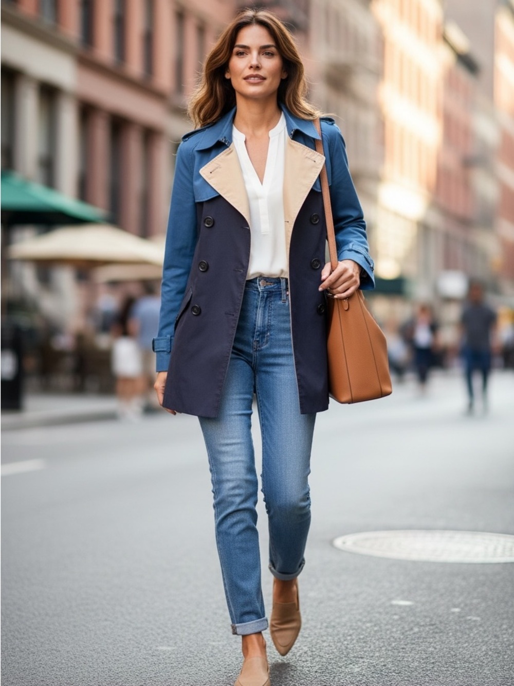 Coach Two Toned Double Breasted Navy Cerulean Blue Short Timeless Trench Coat